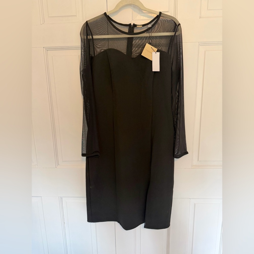 Tahari Black Sheer Mesh Illusion Sleeve Dress NWT Cocktail Midi Dress Size 8